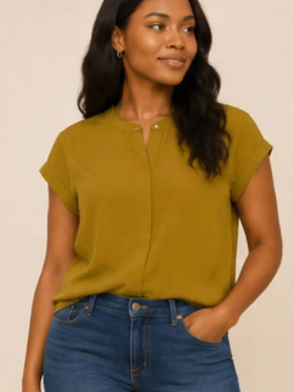 Simply Vera Vera Wang NWT Olive Mustard Blouse Size Large Pocket Career Top